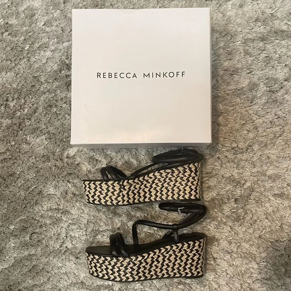 NEW Rebecca Minkoff Josefia Espadrille Platform Sandals Black Leather Jute SZ 9